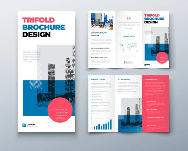 Tri fold brochure design con forme quadrate, modello di business aziendale per tri fold flyer. Template è bianco con un esagono e un luogo per le foto. Concetto creativo pieghevole volantino o brochure. — Vettoriale Stock