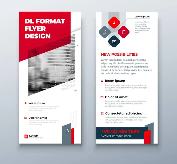 Ontwerp van DL flyer. Black Red DL Corporate business template voor flyer. Indeling met moderne elementen en abstracte achtergrond. Creatief concept vector flyer. — Stockvector