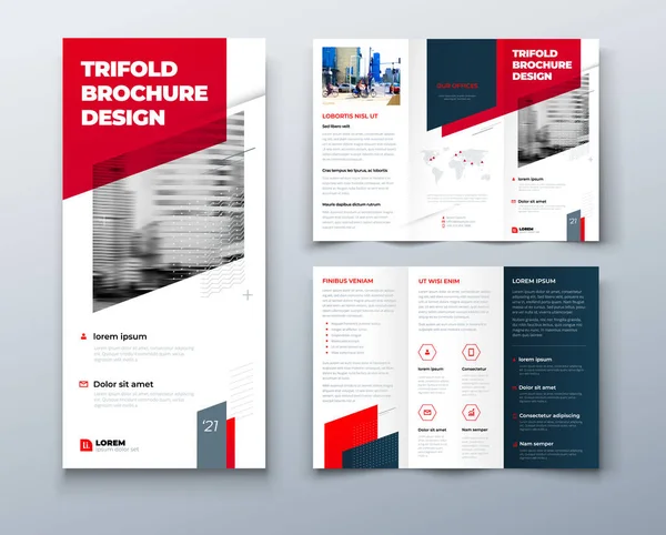 Tri fold červená brožura design s čtvercovými tvary, firemní obchodní šablona pro tri fold leták. Šablona je bílá s šestiúhelníkem a místem pro fotografie. Creative concept folded flyer or brochure. — Stockový vektor