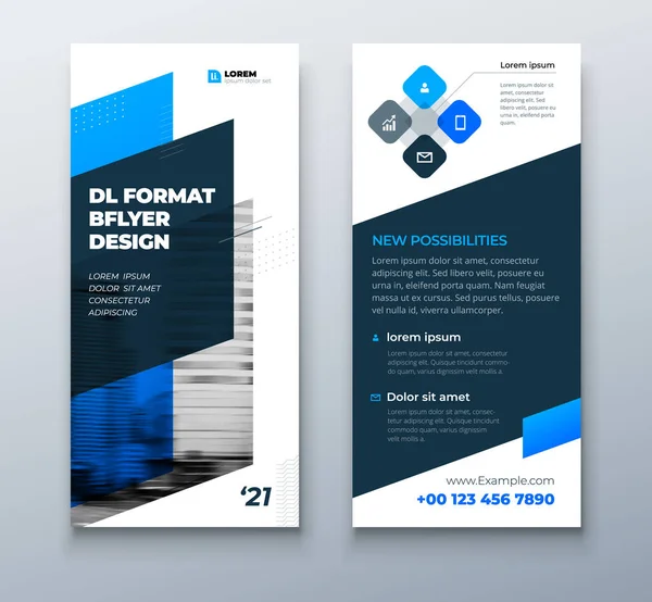 Layout de design de folheto DL. Black Blue DL Modelo de negócio corporativo para folheto. Layout com elementos modernos e fundo abstrato. Folheto vetorial conceito criativo. —  Vetores de Stock