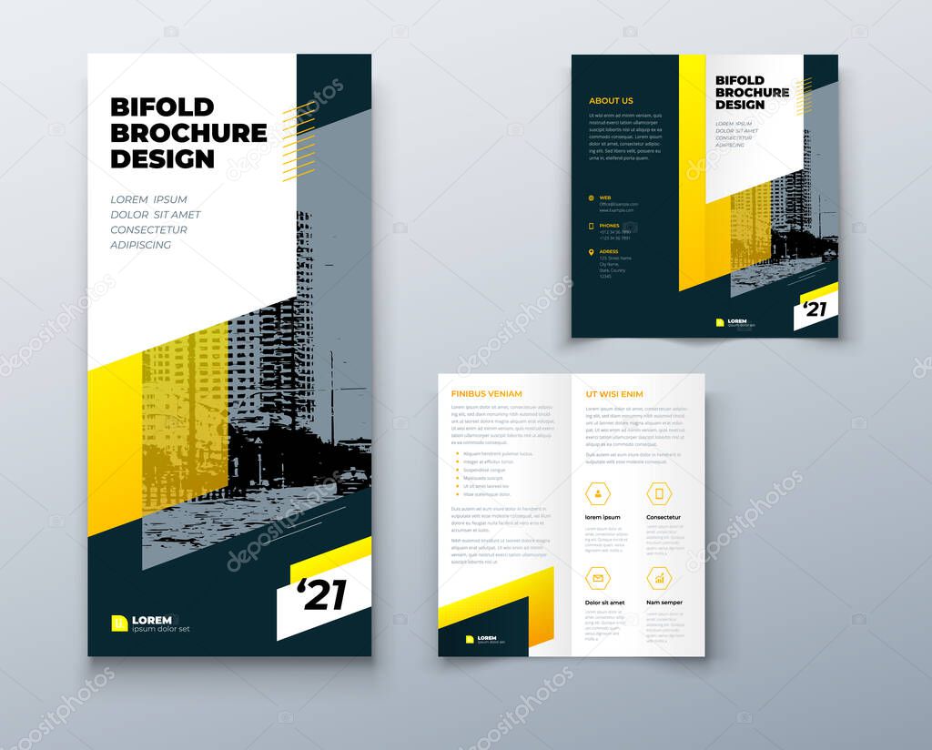 Bi fold brochure or flyer design with circle. Creative concept flyer or brochure. Template is white with a place for photos.