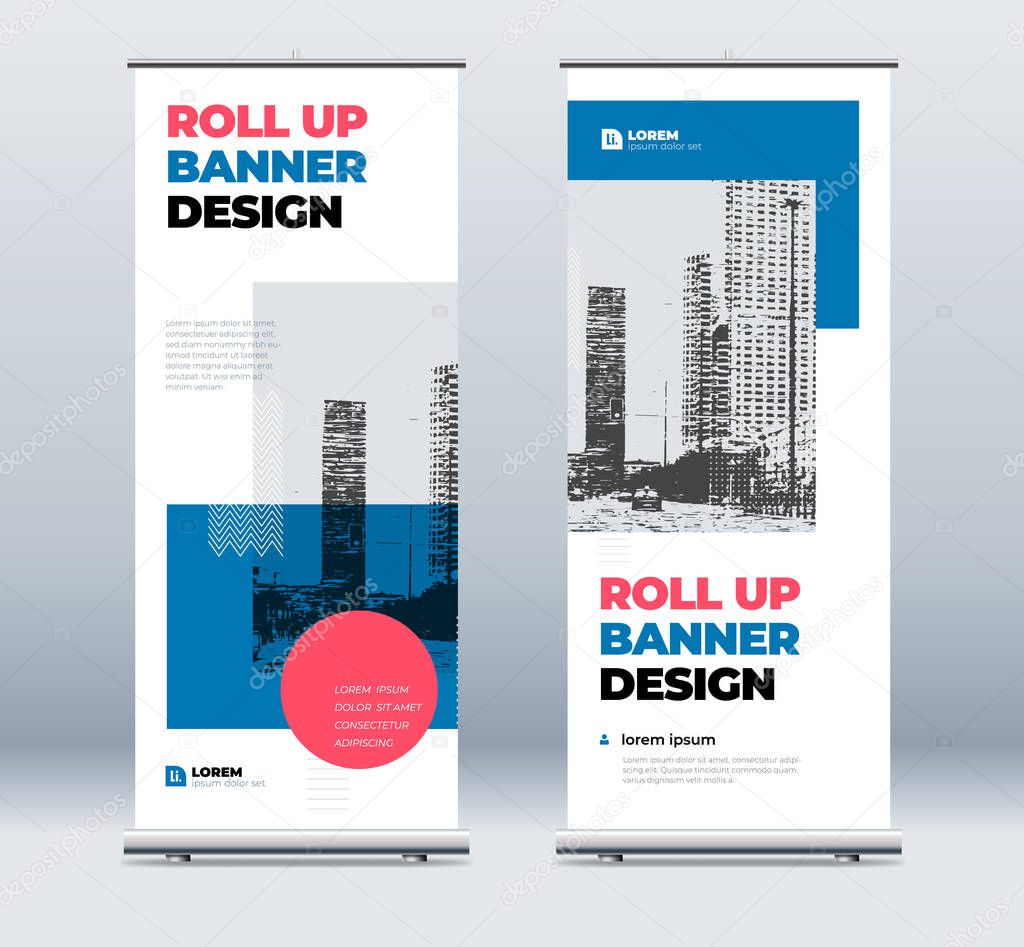 Blue Business Roll Up Banner. Abstract Roll up background for Presentation. Vertical roll up, x-stand, exhibition display, Retractable banner stand or flag design layout for conference, forum.