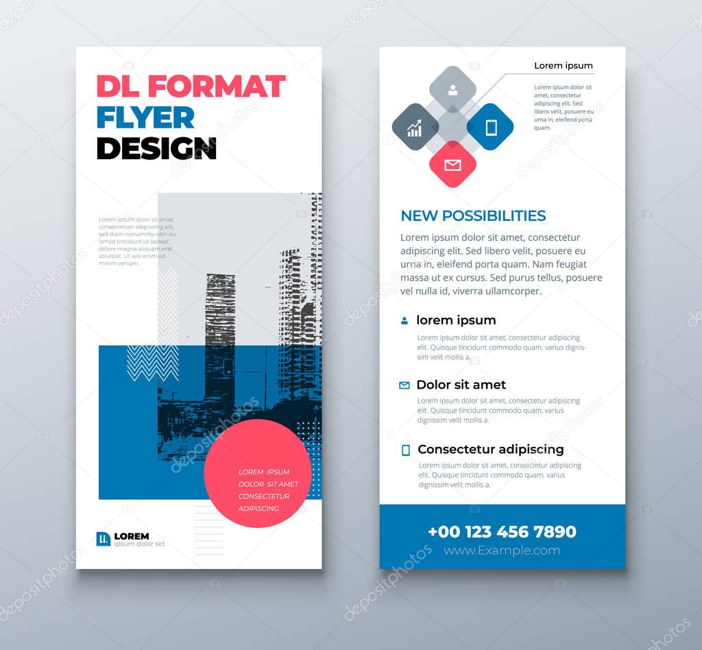 DL flyer design layout. Black Blue DL Corporate business template for flyer. Layout with modern elements and abstract background. Creative concept vector flyer.