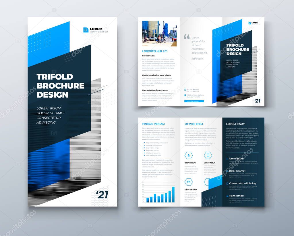 Tri fold blue brochure design with square shapes, corporate business template for tri fold flyer. Template is white with a place for photos. Creative concept folded flyer or brochure