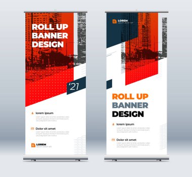 Red Business Roll Pankartı. Sunum için soyut Katlama arkaplanı. Dikey rulo, x-stand, sergi, geri çekilebilir pankart standı veya konferans için bayrak tasarımı düzeni, forum.