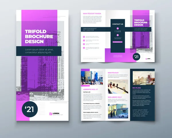 Tri vouw paarse brochure ontwerp met vierkante vormen, corporate business template voor tri vouw flyer. Het sjabloon is wit met plaats voor foto 's. Creatief concept gevouwen flyer of brochure. — Stockvector