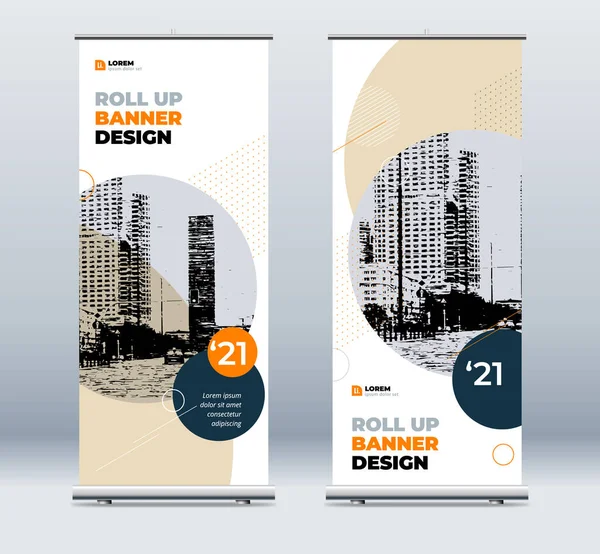 Orange Business Roll Up Banner (em inglês). Resumo Enrole o fundo para Apresentação. Rolo vertical para cima, x-stand, exibição de exposição, banner stand retrátil ou layout de design de bandeira para conferência, fórum — Vetor de Stock