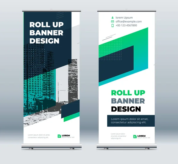 Green Business Roll Pankartı. Sunum için soyut Katlama arkaplanı. Dikey rulo, x-stand, sergi, geri çekilebilir pankart standı veya konferans için bayrak tasarımı düzeni, forum.