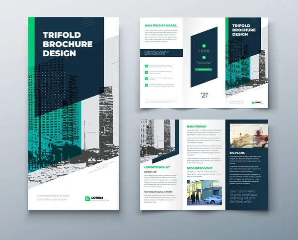 Desenho de brochura verde de três dobras com formas quadradas, modelo de negócio corporativo para folheto de três dobras. O modelo é branco com um lugar para fotos. Concepção criativa folheto dobrado ou brochura. — Vetor de Stock