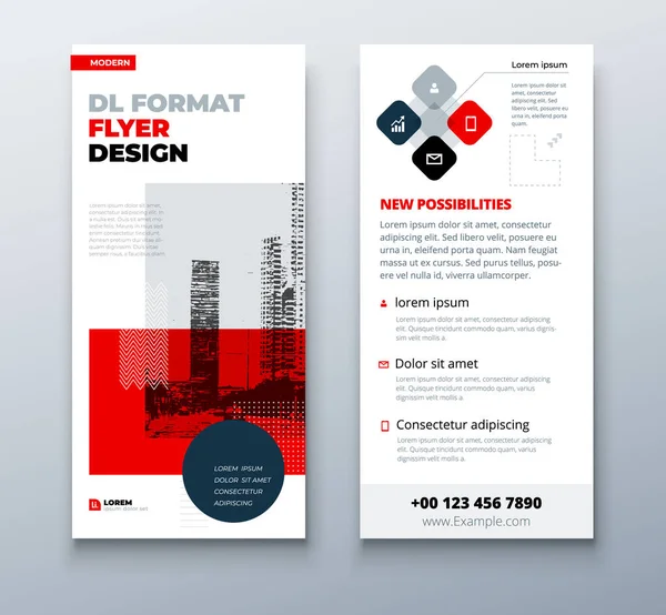 Ontwerp van DL flyer. Black Red DL Corporate business template voor flyer. Indeling met moderne elementen en abstracte achtergrond. Creatief concept vector flyer. — Stockvector