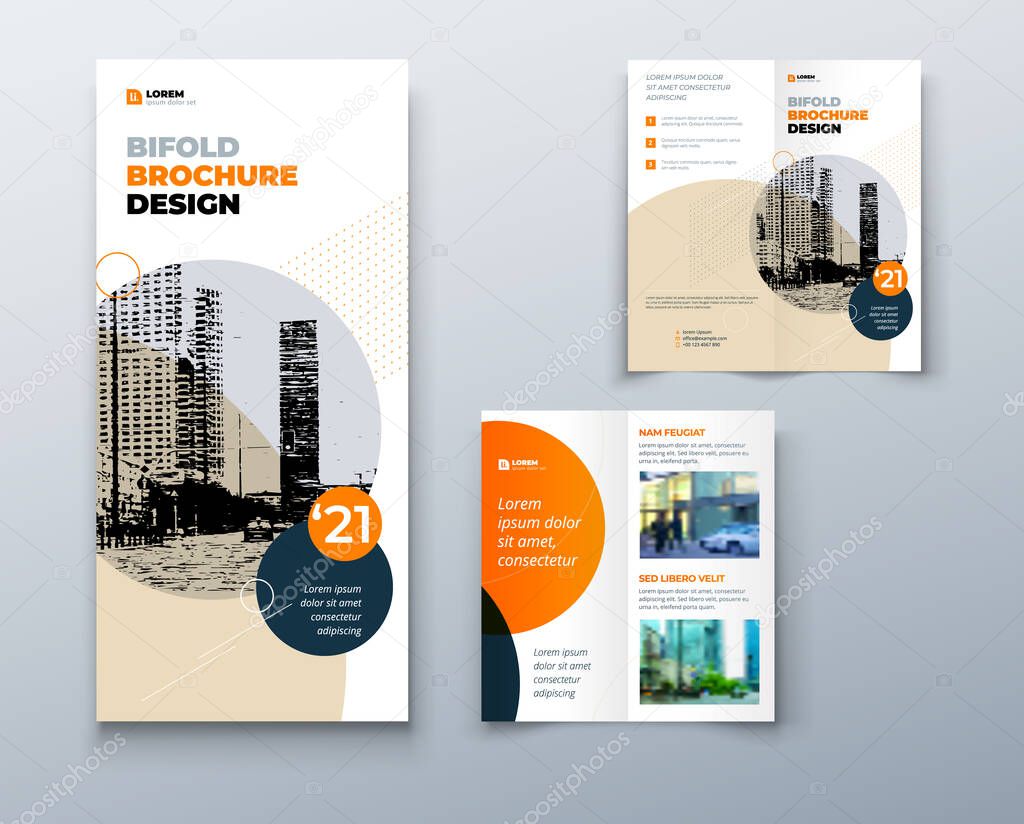 Bi fold brochure or flyer design with circle. Creative concept flyer or brochure. Template is white with a place for photos.