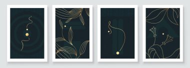 Modern Soyut Botanik Sanat İllüstrasyonu. Ev dekorasyonu için duvar boyama sanatı seti. Lüks minimalist branda arka plan tasarımı. Boho tarzında vektör duvar sanatı bitkileri
