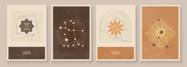 Abstract art with zodiac celestial sign and constellation. Cancer as crab, Gemini as Twins. Wall art in vintage style. Minimalistic background design. Vector illustration clipart