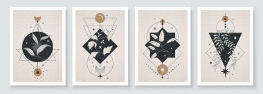 Göksel geometri şekilli soyut çağdaş sanat. Esrarengiz mistik kutsal botanik duvar sanatı. Duvar dekorasyonu. Minimalist arka plan tasarımı. Vektör illüstrasyonu