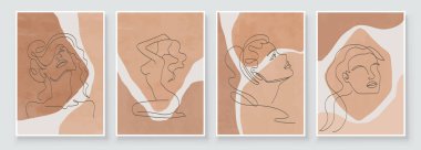 Kadın yüzü ya da vücudu olan soyut kompozisyon sanatı. Toprak renkleri duvar dekoru. Boho tarzında yumuşak renk arkaplanı. Minimalist arka plan tasarımı. Vektör illüstrasyonu