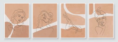 Kadın yüzü ya da vücudu olan soyut kompozisyon sanatı. Toprak renkleri duvar dekoru. Boho tarzında yumuşak renk arkaplanı. Minimalist arka plan tasarımı. Vektör illüstrasyonu