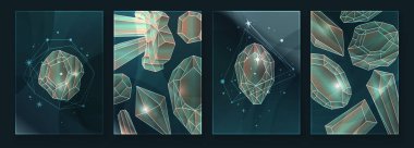 Kristal ve değerli geometri şekilli soyut çağdaş sanat. Mücevher taşlı esrarengiz mistik kutsal duvar sanatı. Duvar dekorasyonu. Minimalist arka plan tasarımı. Vektör illüstrasyonu