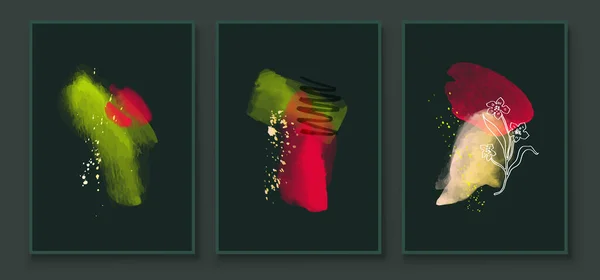 Grüne Und Rote Abstrakte Aquarellkompositionen Set Von Lebendigen Farben Malerei — Stockvektor
