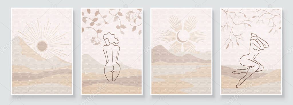 Abstract composition art with nude woman in nature landscape. Wall art in beige, ivory, champagne colors. Soft color painting house decor. Minimalistic background design. Vector illustration