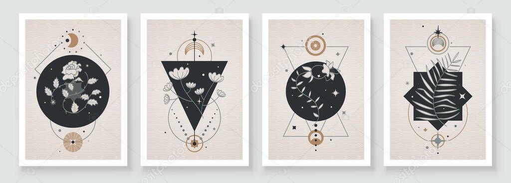 Abstract contemporary art with celestial geometry shapes. Esoteric mystical celestial botanical sacred wall art. Wall decor painting. Minimalistic background design. Vector illustration