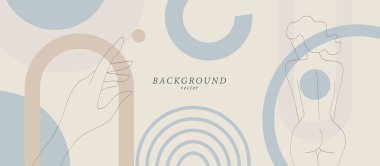 Botanik ve kadın vücut şekilli soyut arkaplan sanatı yumuşak arka planda. Organik renkler yatay afiş. Boho tarzı minimalist arka plan. Vektör illüstrasyonu