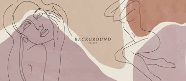 Kadın yüzlü ya da çıplak vücutlu soyut arkaplan sanatı. Toprak renkleri duvar dekoru. Boho tarzında yumuşak renk arkaplanı. Minimalist arka plan tasarımı. Vektör illüstrasyonu