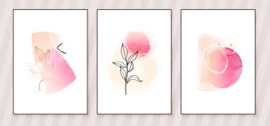 Pink and Peach Abstract Watercolor Compositions. Set of soft color painting wall art for house decoration or invitations. Minimalistic background design. Vector wall art plants in minimalist style