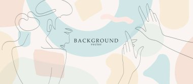 Abstract art with woman face in geometry shapes landscape background. Soft color painting decor background. Minimalistic background design. Vector illustration