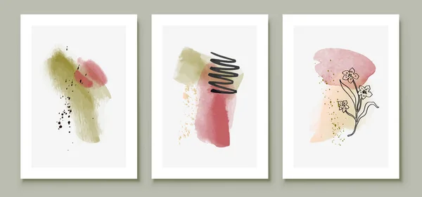 Green Pink Abstract Watercolor Compositions Set Soft Color Painting Wall — Vetor de Stock