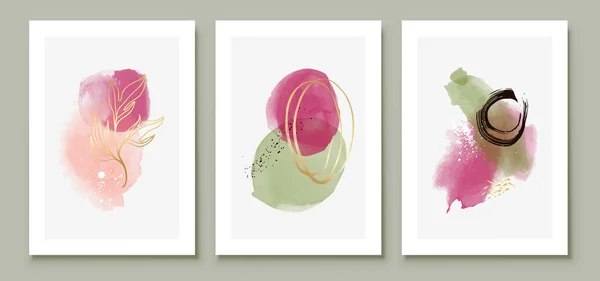 Green Pink Abstract Watercolor Compositions Set Soft Color Painting Wall — Vetor de Stock