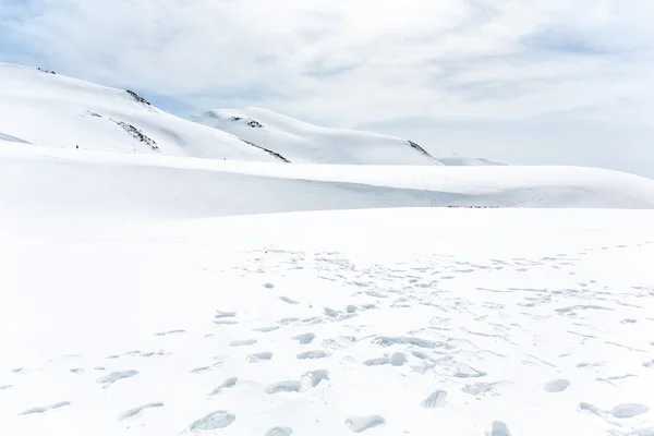 Massor av fotspår i snön täckte berg Royaltyfria Stockfoton