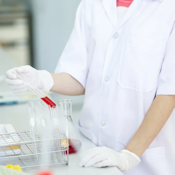 Cientista que examina o produto químico no tubo de ensaio — Fotografia de Stock