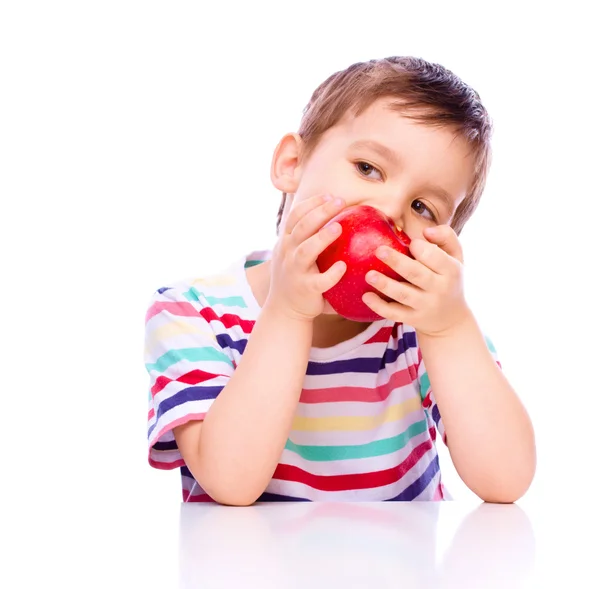 Lindo chico con manzanas rojas — Foto de Stock