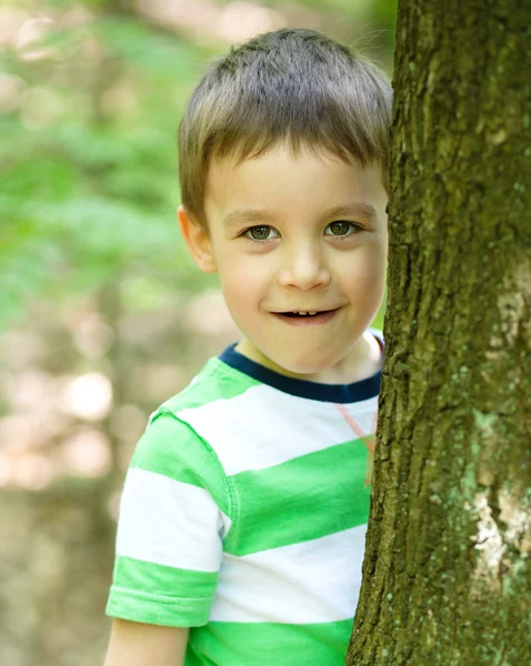 Garçon joue dans le bois — Photo