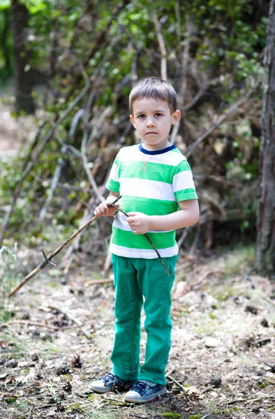 Junge spielt im Wald — Stockfoto