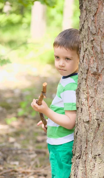 Junge spielt im Wald — Stockfoto