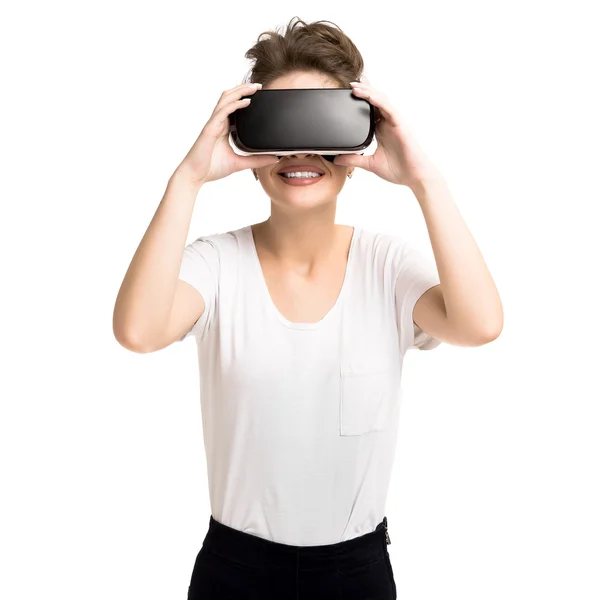 Ragazza ottenere esperienza utilizzando occhiali VR della realtà virtuale — Foto Stock