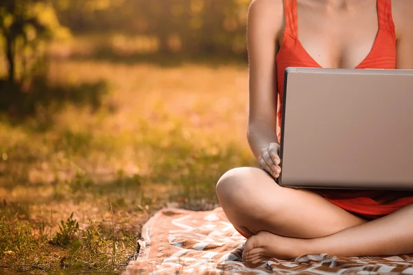 Jovem mulher com laptop no parque na grama, no outono — Fotografia de Stock