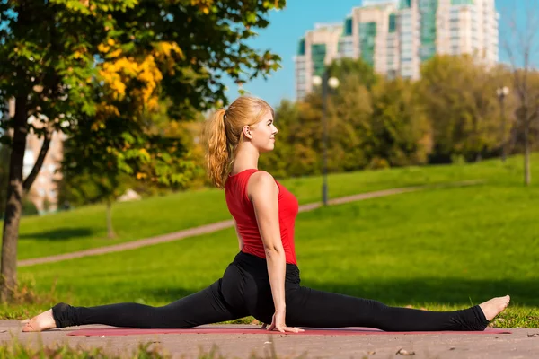 Genç güzel kız yoga, açık havada bir parkta devreye girer — Stok fotoğraf