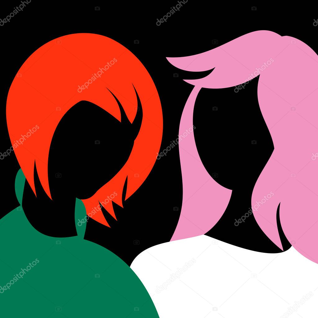An abstract vector illustration of two diverse women standing together in friendship with solidarity and sisterhood
