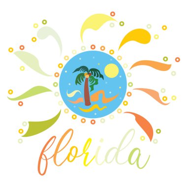 Florida, Sunshine State 'de palmiye ağacı ve plaj tasarımlı soyut bir vektör çizimi 