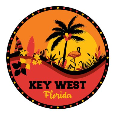 Bir yelkenlinin soyut temsili bir sörf tahtası. Alaycı bir kuş. Birkaç portakal tomurcuğu ve palmiye yaprağı.