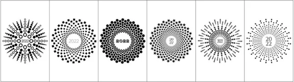 Set Von Sechs Abstrakten Vektorillustrationen Neujahr 2022 Schwarz Weißen Sunburst — Stockvektor