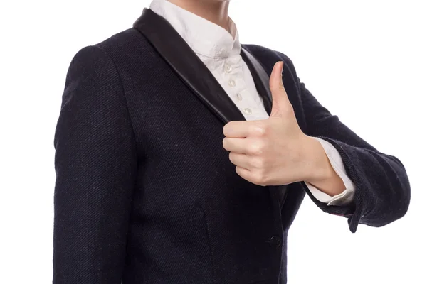 Manos en un traje de negocios mostrando pulgares hacia arriba — Foto de Stock