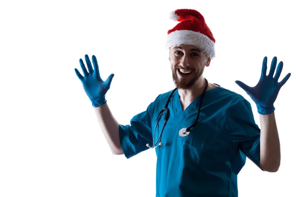 Homem Médico Cirurgião No Natal Santa Chapéu — Fotografia de Stock
