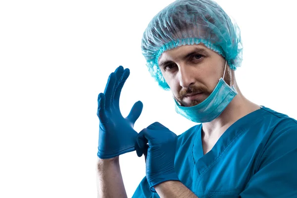 Man Doctor Surgeon Putting On Nitrile Gloves — Stock Photo, Image