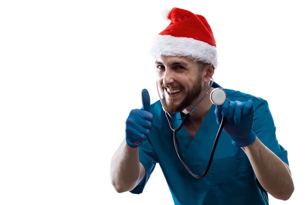 Homem Médico Cirurgião No Natal Santa Chapéu — Fotografia de Stock