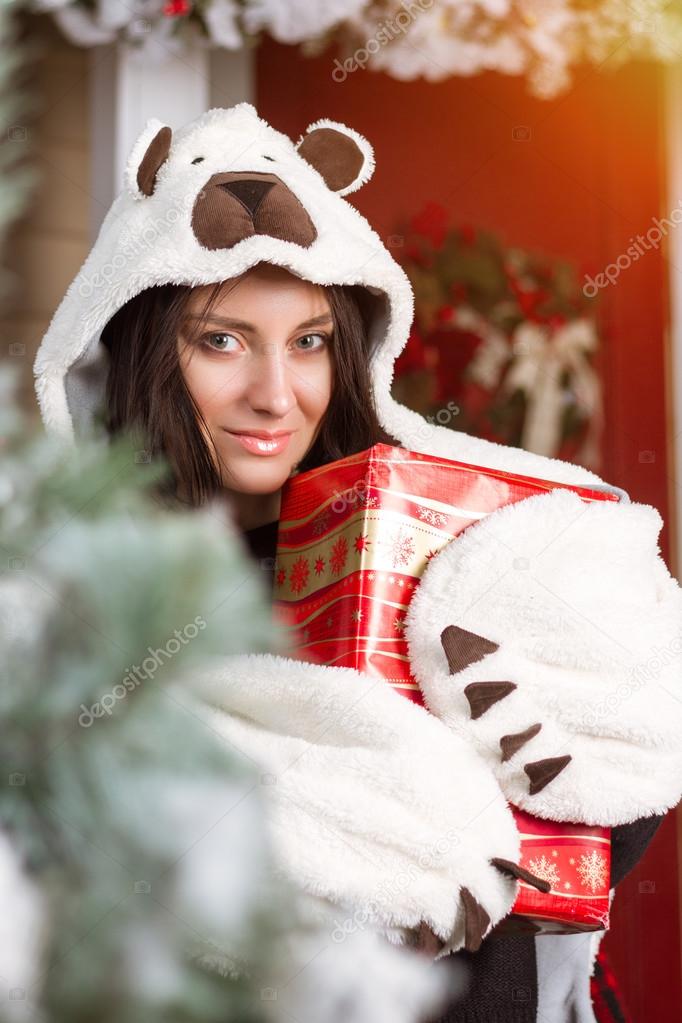 girl in teddy bear suit