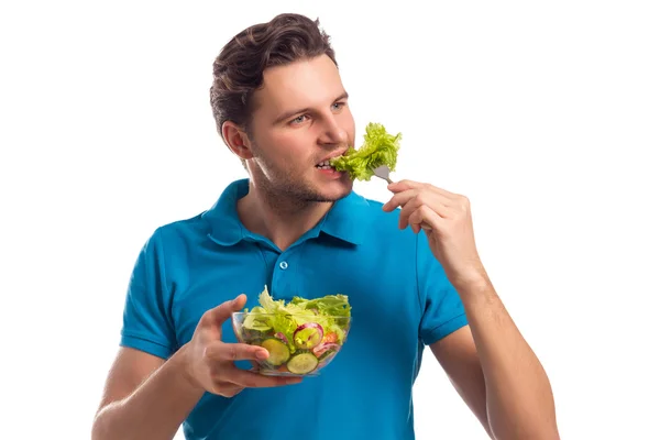 Homme avec salade isolé sur fond blanc — Photo