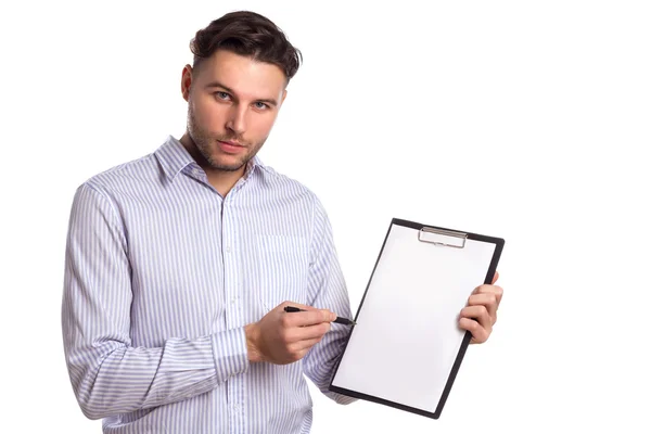 Nadenkend jonge zakenman Holding een Tablet en Pen — Stockfoto